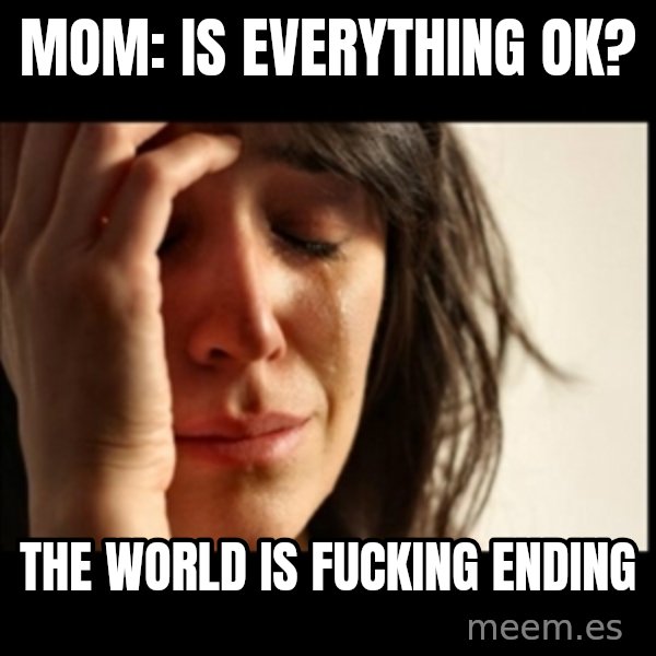 First World Problems meme: Mom: Is everything ok? / THE WORLD IS FUCKING ENDING