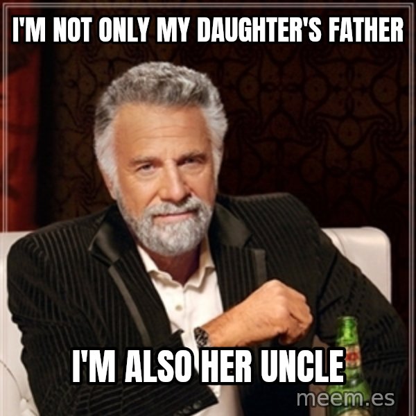 Dos Equis Guy gives advice meme: I'M NOT ONLY MY DAUGHTER'S FATHER / I'M ALSO HER UNCLE