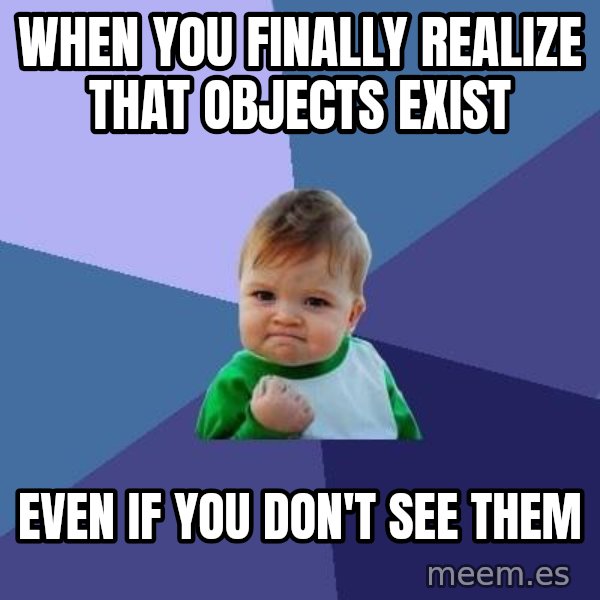 Success Kid meme: When you finally realize that objects exist / Even if you don't see them