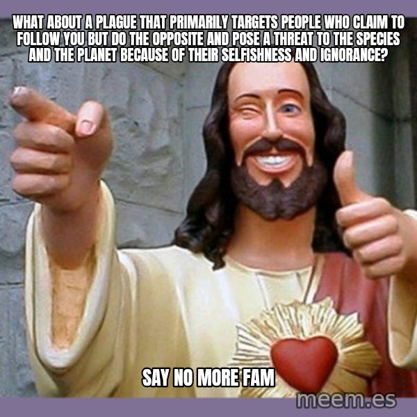 buddy jesus meme: what about a plague that primarily targets people who claim to follow you but do the opposite and pose a threat to the species and the planet because of their selfishness and ignorance? / say no more fam
