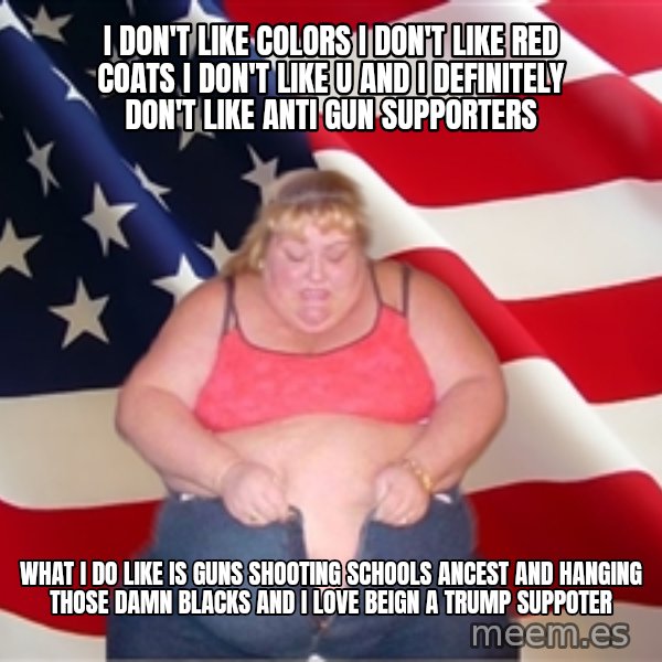 Asinine America meme: I DON'T LIKE COLORS I DON'T LIKE RED COATS I DON'T LIKE U AND I  DEFINITELY DON'T LIKE ANTI  GUN SUPPORTERS / WHAT I DO LIKE IS GUNS SHOOTING SCHOOLS ANCEST AND HANGING THOSE DAMN BLACKS AND I LOVE BEIGN A TRUMP SUPPOTER