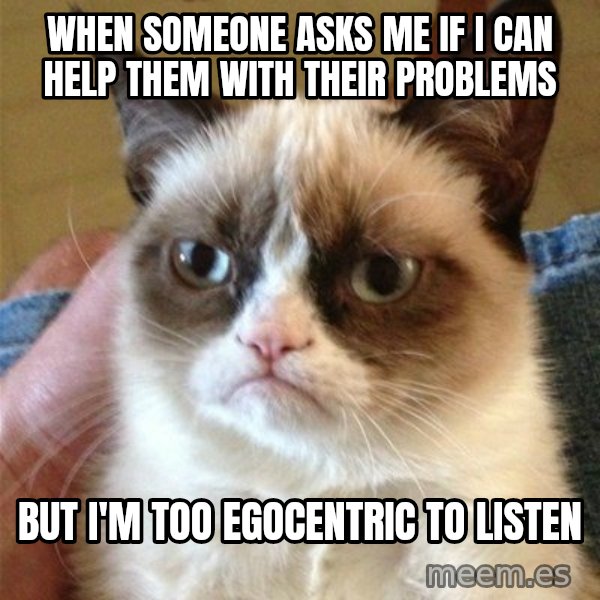 Grumpy Cat  meme: When someone asks me if I can help them with their problems / But I'm too egocentric to listen