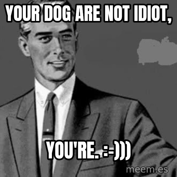Correction Man  meme: Your dog are not idiot, / you're. :-)))
