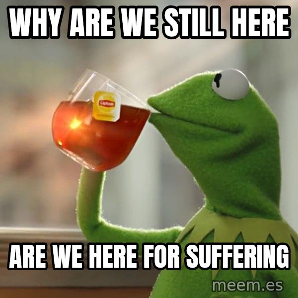 Kermit The Frog Drinking Tea meme: why are we still here / are we here for suffering