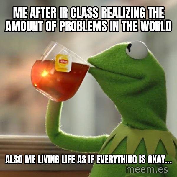 Kermit The Frog Drinking Tea meme: ME AFTER IR CLASS REALIZING THE AMOUNT OF PROBLEMS IN THE WORLD / ALSO ME LIVING LIFE AS IF EVERYTHING IS OKAY...