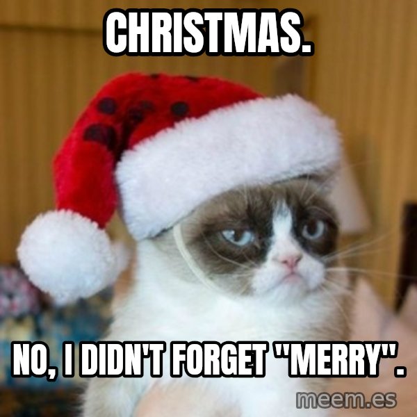 Grumpy Cat Santa Hat meme: Christmas. / No, I didn't forget "merry".