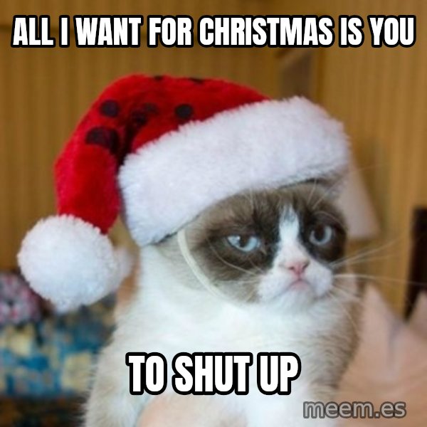 Grumpy Cat Santa Hat meme: All I want for Christmas is you / to shut up