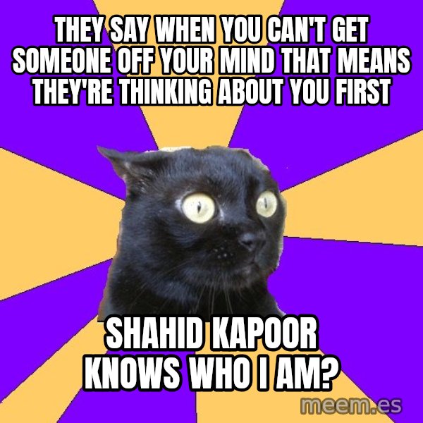 Anxiety Cat meme: They say when you can't get someone off your mind that means they're thinking about you first / Shahid Kapoor knows who I am?