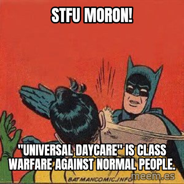 batman slap robin meme: STFU Moron! / "Universal daycare" is class warfare against normal people.