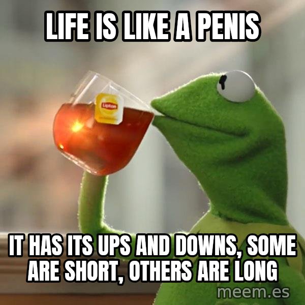 Kermit The Frog Drinking Tea meme: Life is like a penis / It has its ups and downs, some are short, others are long