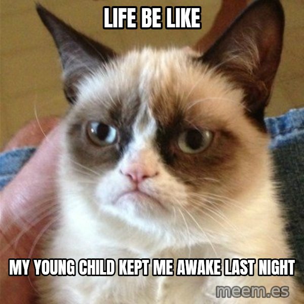 Grumpy Cat  meme: life be like / my young child kept me awake last night