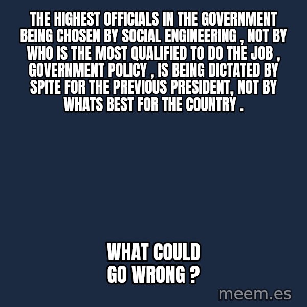 Blank Black meme: The highest officials in the government being chosen by social engineering , not by who is the most qualified to do the job , Government policy , is being dictated by spite for the previous president, not by whats best for the country . / What could go wrong ?