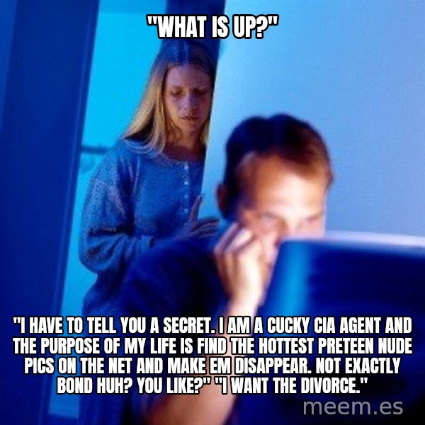 Internet Husband meme: "what is up?" / "I have to tell you a secret. I am a cucky CIA agent and the purpose of my life is find the hottest preteen nude pics on the net and make em disappear. not exactly bond huh? you like?" "I want the divorce."
