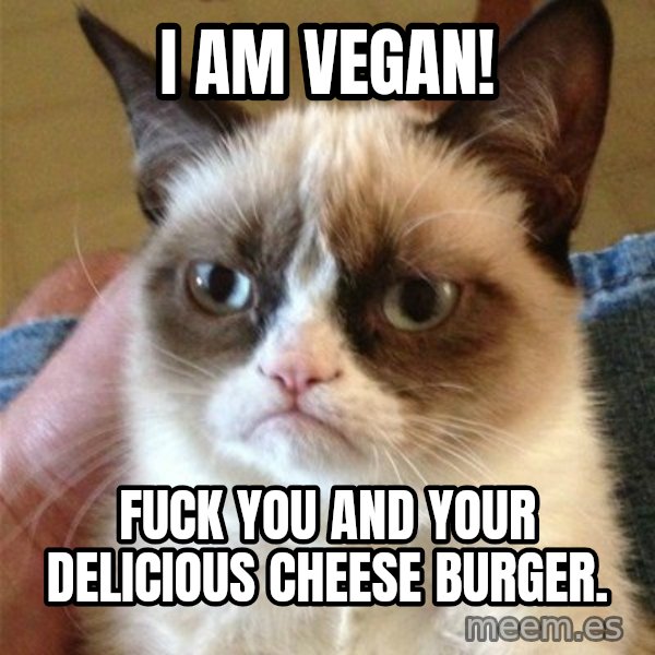 Grumpy Cat  meme: I am vegan! / Fuck you and your delicious cheese burger.