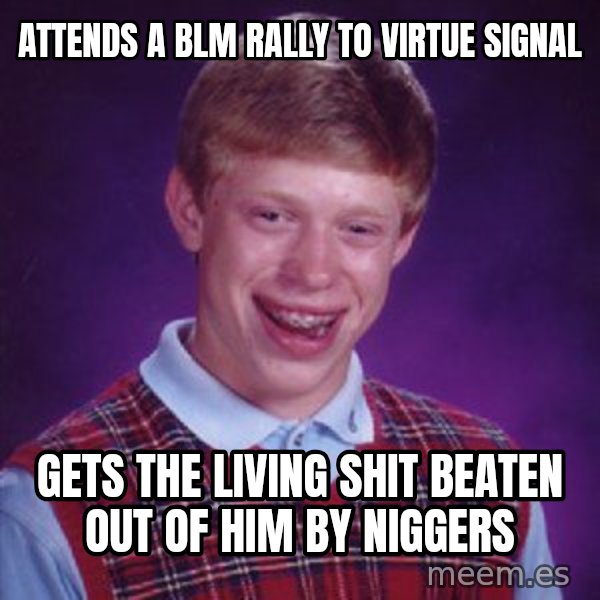 Bad Luck Brian meme: attends a blm rally to virtue signal / gets the living shit beaten out of him by niggers