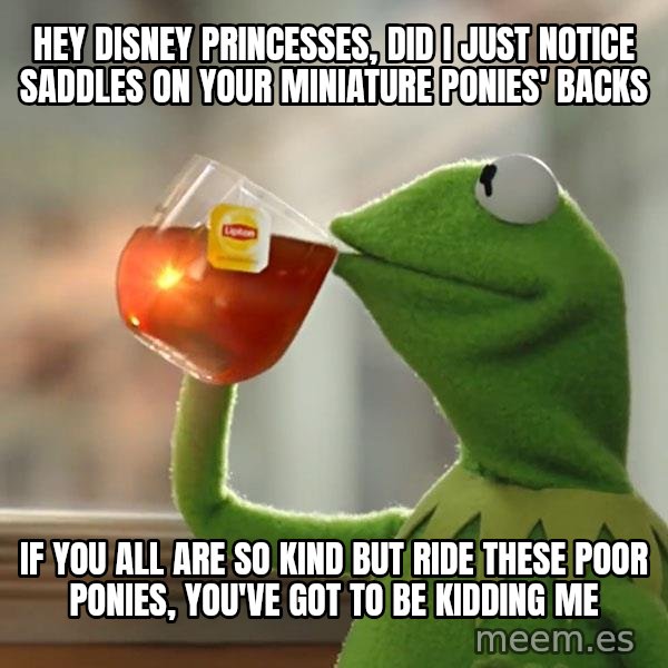 Kermit The Frog Drinking Tea meme: Hey Disney Princesses, did I just notice saddles on your miniature ponies' backs / if you all are so kind but ride these poor ponies, you've got to be kidding me