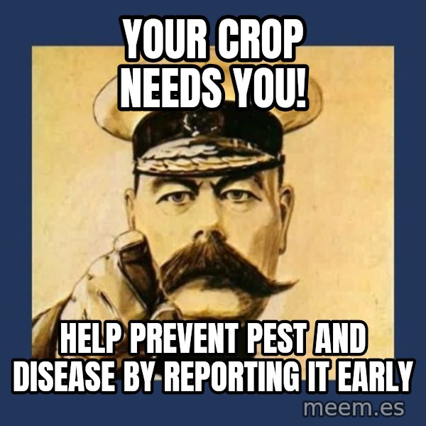 your country needs you meme: your crop needs you! / help prevent pest and disease by reporting it early