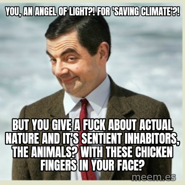 MR bean meme: You, an angel of light?!  For 'saving climate'?! / But you give a fuck about actual nature and it's sentient inhabitors, the animals? With these chicken fingers in your face?