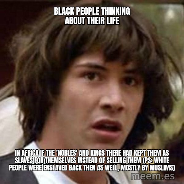 Conspiracy Keanu meme: black people thinking about their life / in Africa if the 'nobles' and kings there had kept them as slaves for themselves instead of selling them (ps: white people were enslaved back then as well, mostly by muslims)