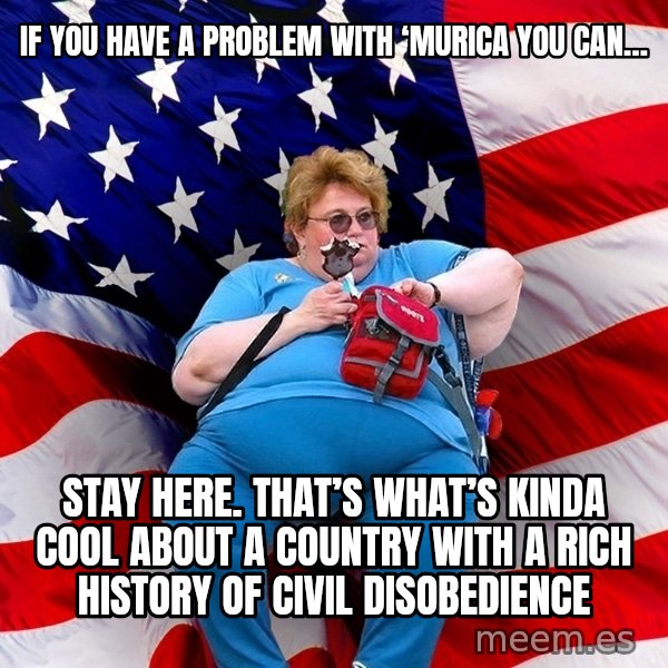 Obese American meme: If you have a problem with ‘MURICA you can… / Stay here. That’s what’s kinda cool about a country with a rich history of Civil Disobedience