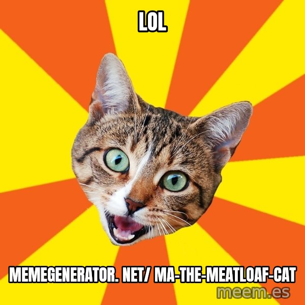 Bad Advice Cat meme: LOL / memegenerator. net/ ma-the-meatloaf-cat
