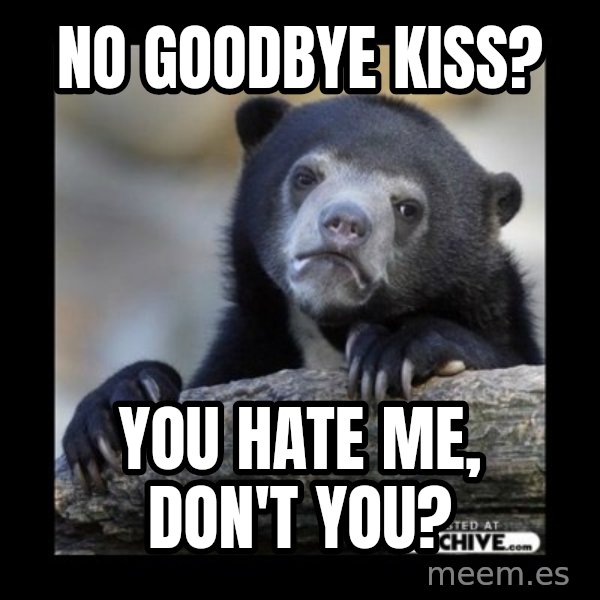 sad bear meme: No goodbye kiss? / You hate me, don't you?