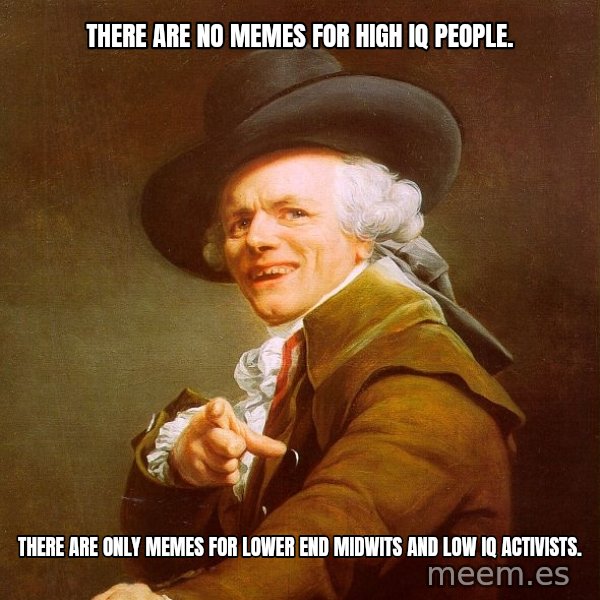 Joseph Ducreux meme: There are no memes for high IQ people. / There are only memes for lower end midwits and low IQ activists.