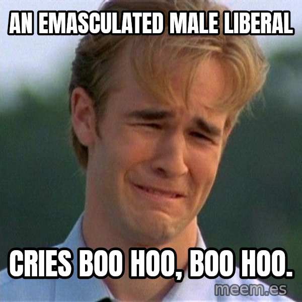 Dawson Crying meme: an emasculated male liberal / cries boo hoo, boo hoo.
