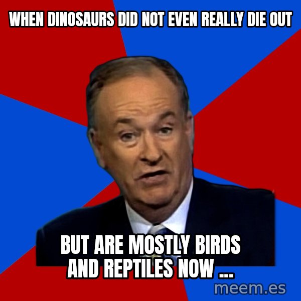 Bill O'Reilly Proves God meme: when dinosaurs did not even really die out / but are mostly birds and reptiles now ...