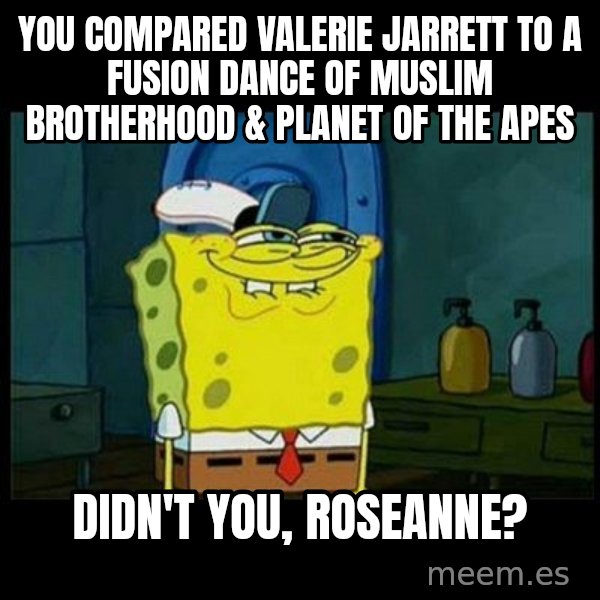 Don't you, Squidward? meme: You compared Valerie Jarrett to a fusion dance of Muslim Brotherhood & Planet of the Apes / Didn't you, Roseanne?