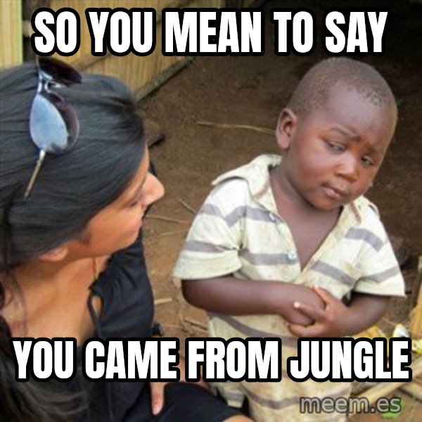 Skeptical 3rd World Kid meme: SO YOU MEAN TO SAY / YOU CAME FROM JUNGLE