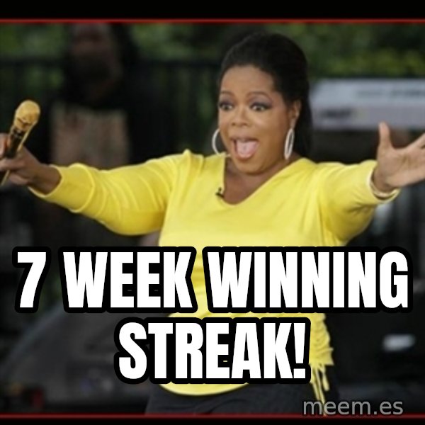 Overly-Excited Oprah!!!  meme: 7 week winning streak!