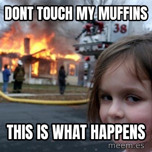 Disaster Girl meme: Dont touch my muffins / this is what happens