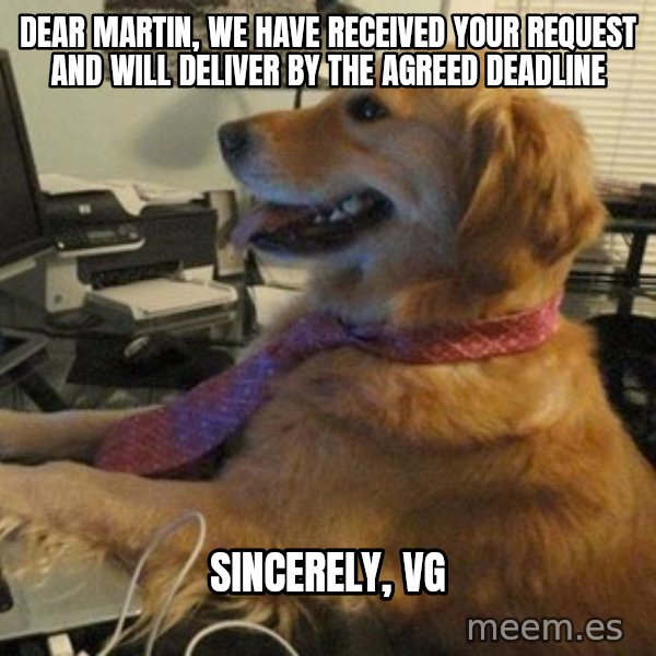 I have no idea what I'm doing - Dog with Tie meme: Dear Martin, we have received your request and will deliver by the agreed deadline / Sincerely, VG