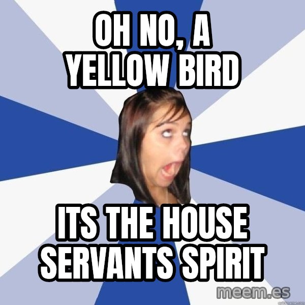 Annoying Facebook Girl meme: oh no, a yellow bird / its the house servants spirit