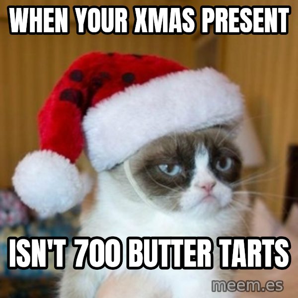Grumpy Cat Santa Hat meme: When your xmas present / isn't 700 butter tarts