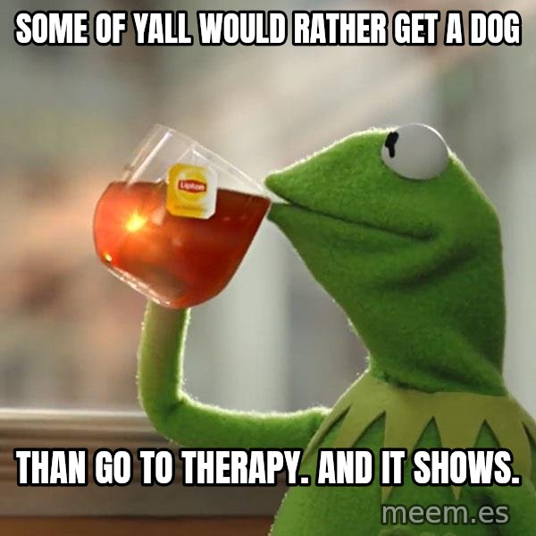 Kermit The Frog Drinking Tea meme: Some of yall would rather get a dog / Than go to therapy. And it shows.
