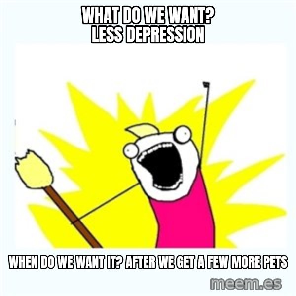 All the things meme: What do we want? LESS DEPRESSION / When do we want it? AFTER WE GET A FEW MORE PETS