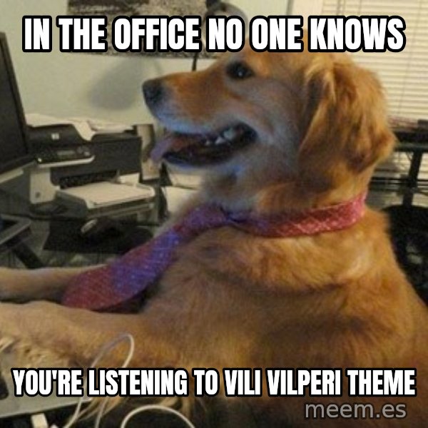 I have no idea what I'm doing - Dog with Tie meme: In the office no one knows / you're listening to vili vilperi theme