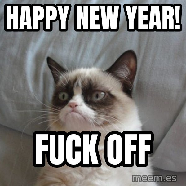 Grumpy cat good meme: Happy New Year! / Fuck Off