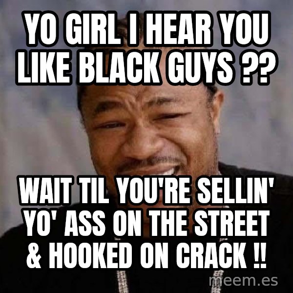 Yo Dawg meme: Yo Girl I Hear You Like BLACK Guys ?? / Wait til You're Sellin' Yo' ASS on The Street & Hooked on CRACK !!