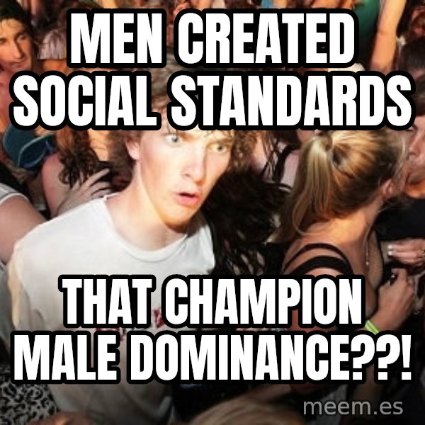 Sudden Realization Ralph meme: Men created social standards / that champion male dominance??!