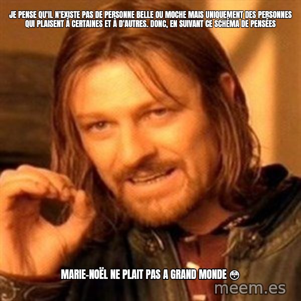 One Does Not Simply meme: Je pense qu'il n'existe pas de personne belle ou moche mais uniquement des personnes qui plaisent à certaines et à d'autres. DONC, en suivant ce schéma de pensées / Marie-Noël ne plait pas a grand monde 😳
