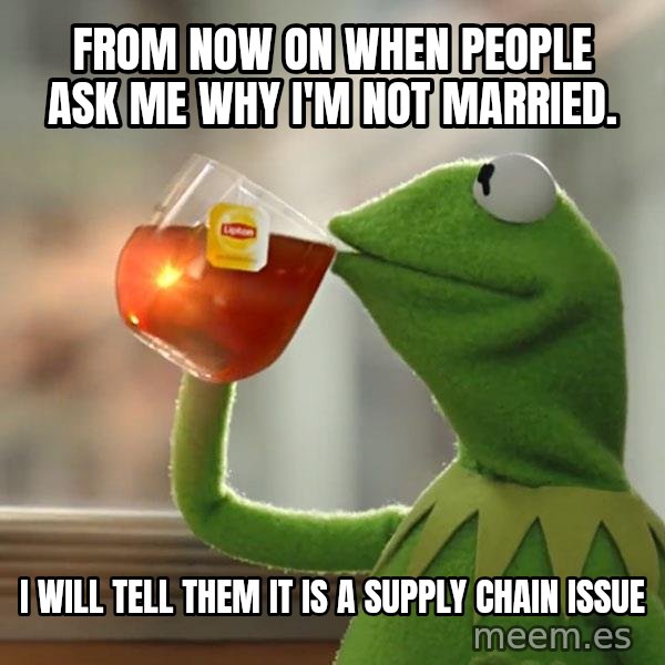 Kermit The Frog Drinking Tea meme: From now on when people ask me why I'm not married. / I will tell them it is a supply chain issue