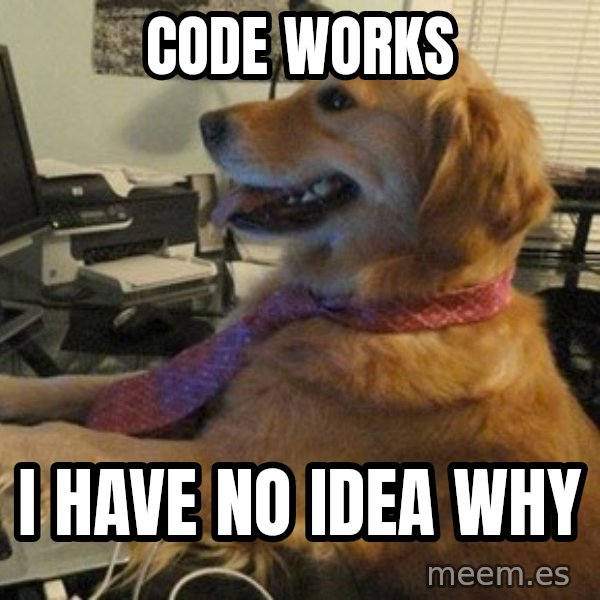 I have no idea what I'm doing - Dog with Tie meme: code works / I have no idea why