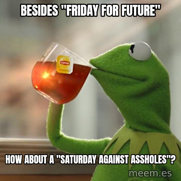 Kermit The Frog Drinking Tea meme: Besides "Friday For Future" / How about a "Saturday Against Assholes"?