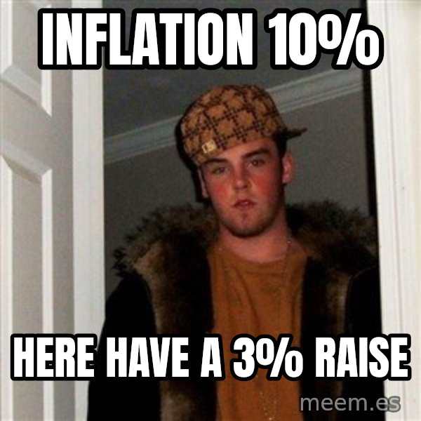 Scumbag Steve meme: inflation 10% / here have a 3% raise