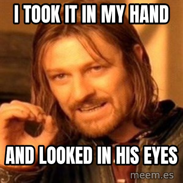 One Does Not Simply meme: i took it in my hand / and looked in his eyes