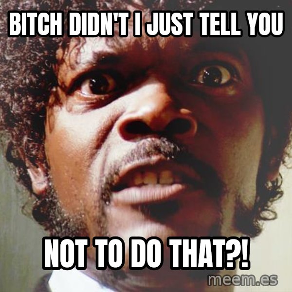 Mad Samuel L Jackson meme: BITCH Didn't I just tell you / NOT TO DO THAT?!