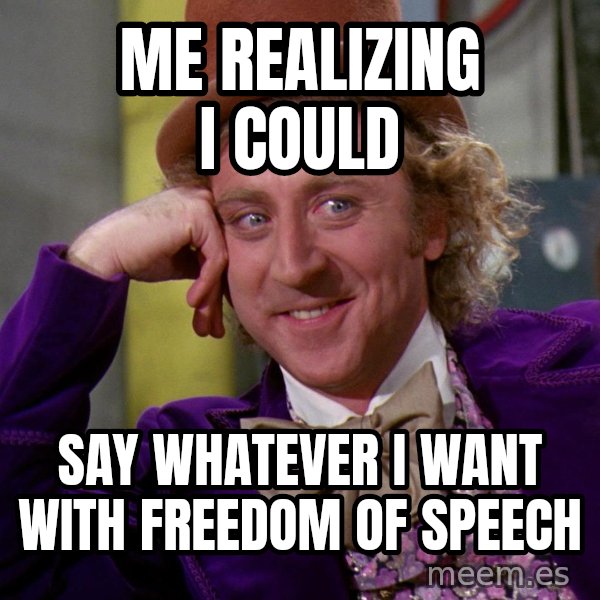 Willy Wonka meme: me realizing i could / say whatever i want with freedom of speech